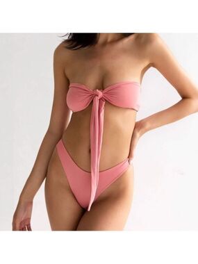 437 Active Swimwear Womens Pink Tie-Front Bandeau Bikini Set Small